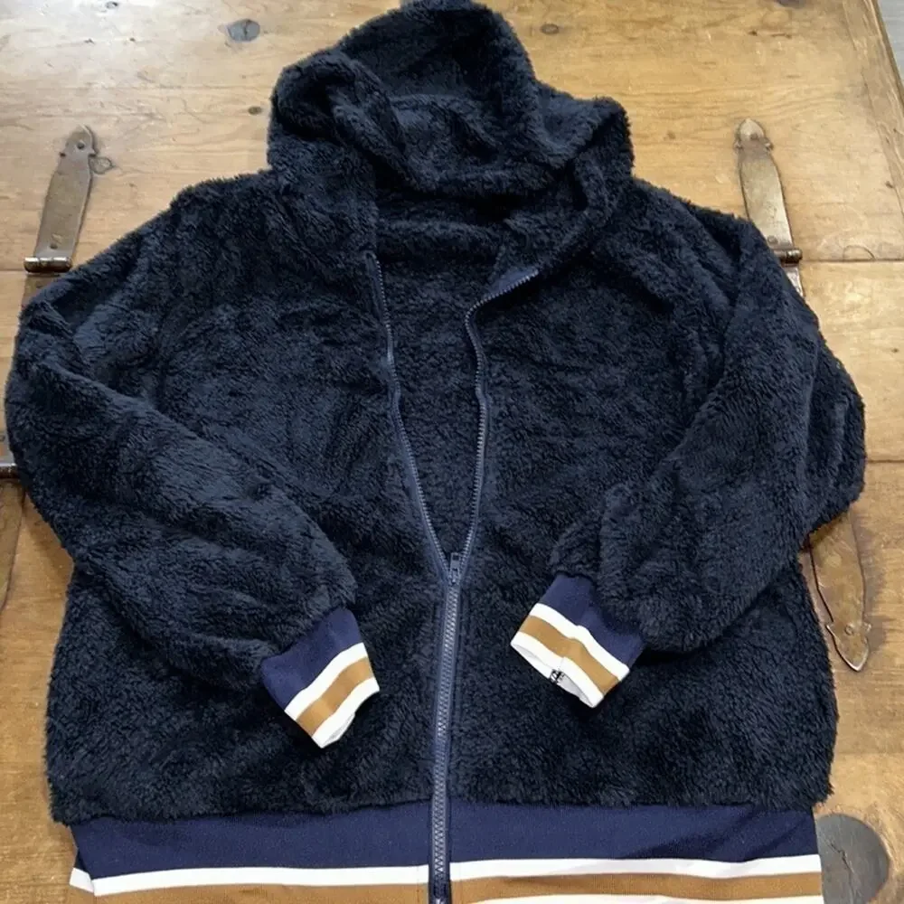 Women's Winter Fashion Warm Teddy Striped Zip Up Hooded Coat Sweatshirt Large